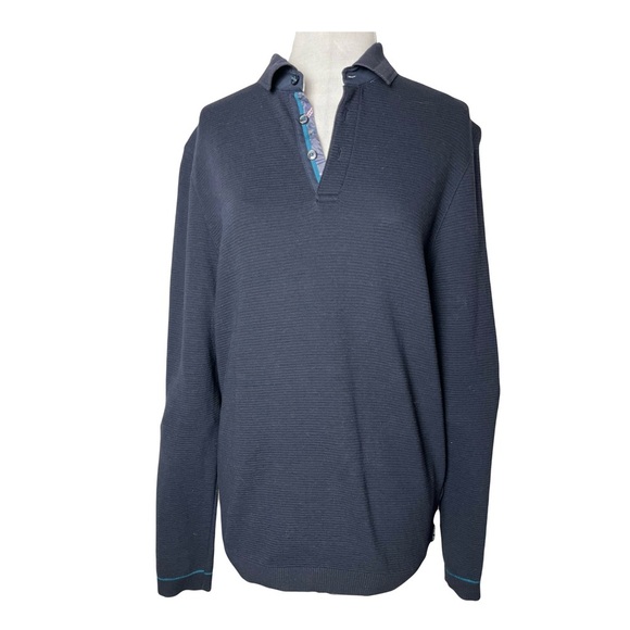 Ted Baker London | Navy Blue Textured Long Sleeve Polo Top, Size 4 (US Size 10) - Picture 1 of 6